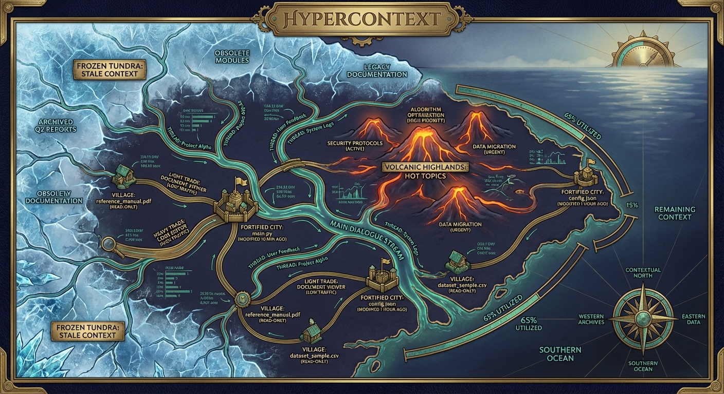 Hypercontext as territory map — volcanic highlands for hot topics, frozen tundra for stale context, rivers as dialogue streams