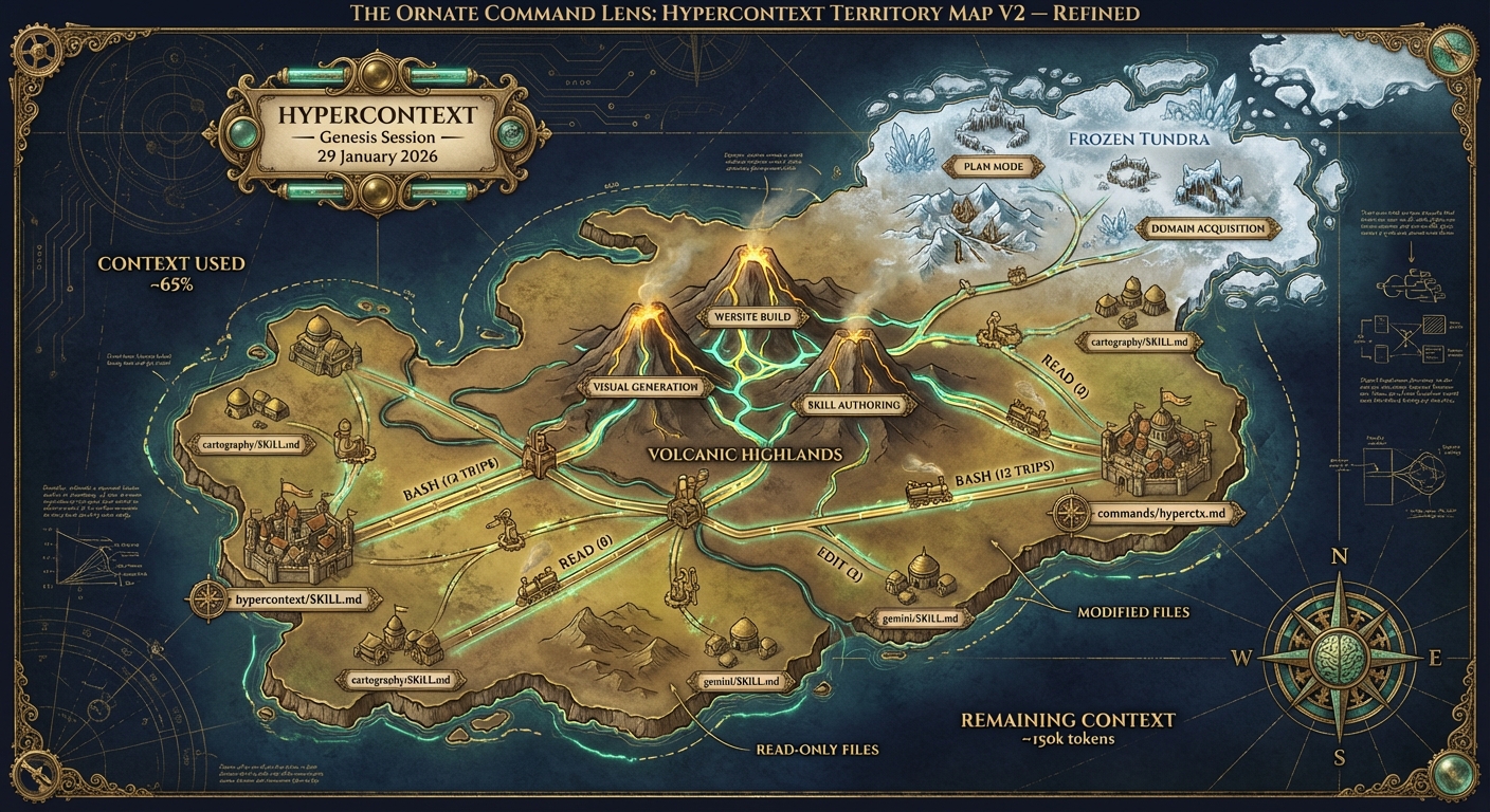 Hypercontext territory map V2 — refined with labeled volcanoes, file settlements, and trade routes