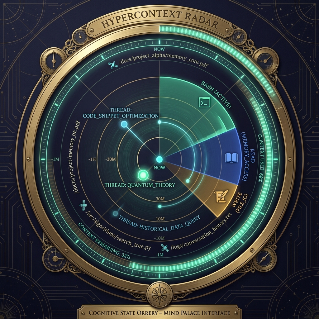 Hypercontext radar — circular orrery showing cognitive state with time rings and tool sectors